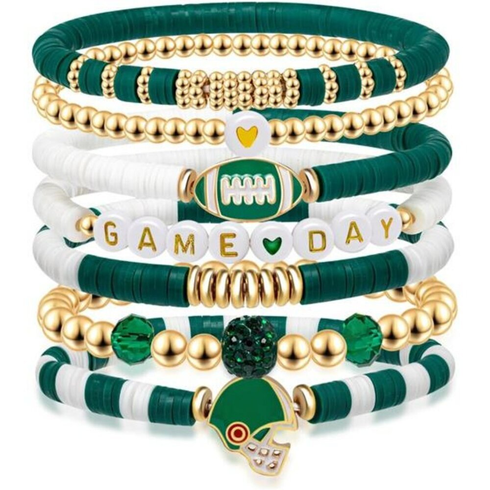 Football charm bracelet beaded stretch game day sports jewelry gift for mom and